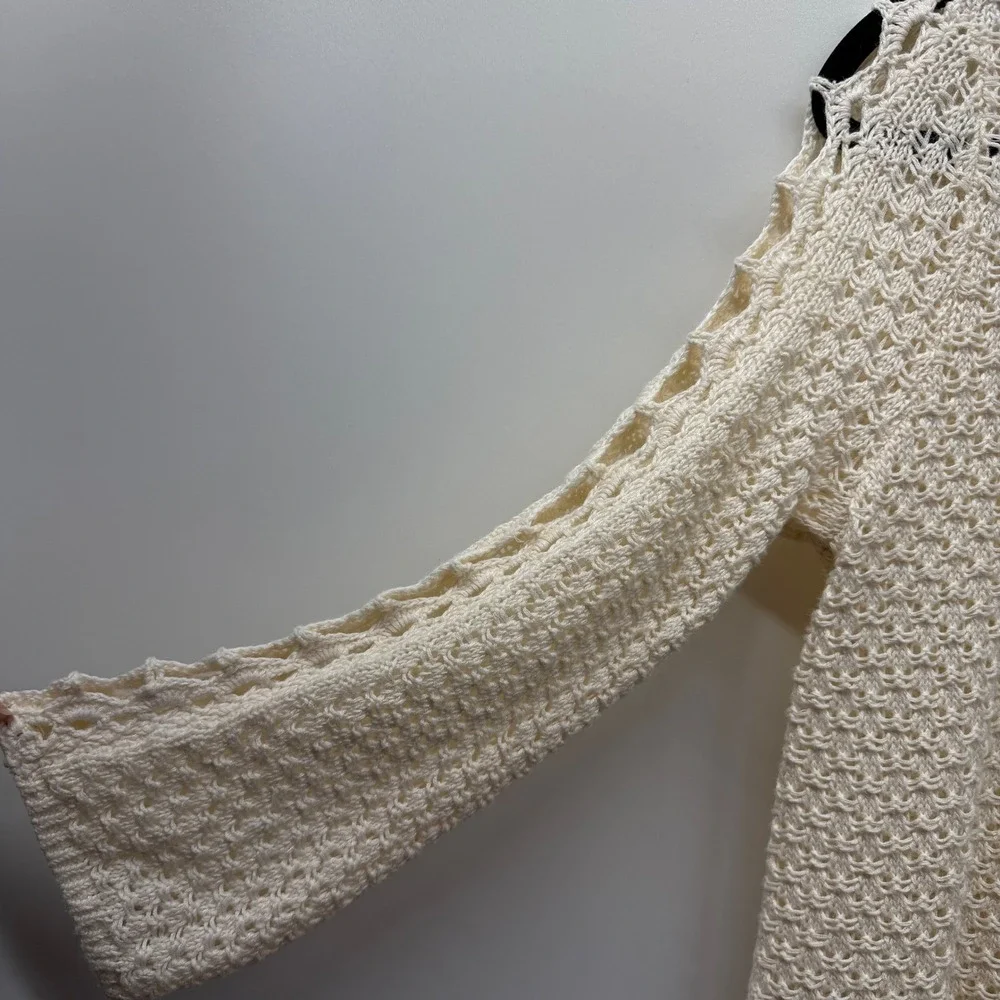 Chicos Cream Cottagecore Fairycore Crochet Open Knit Sweater Small Boho Layering